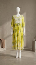 Bright Yellow & White Floral Embroidered Long Kurti / Dress