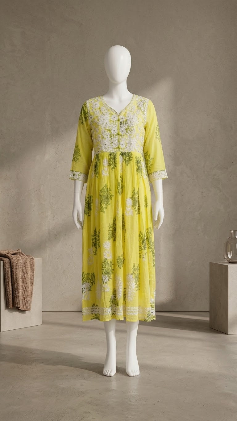 Bright Yellow & White Floral Embroidered Long Kurti / Dress