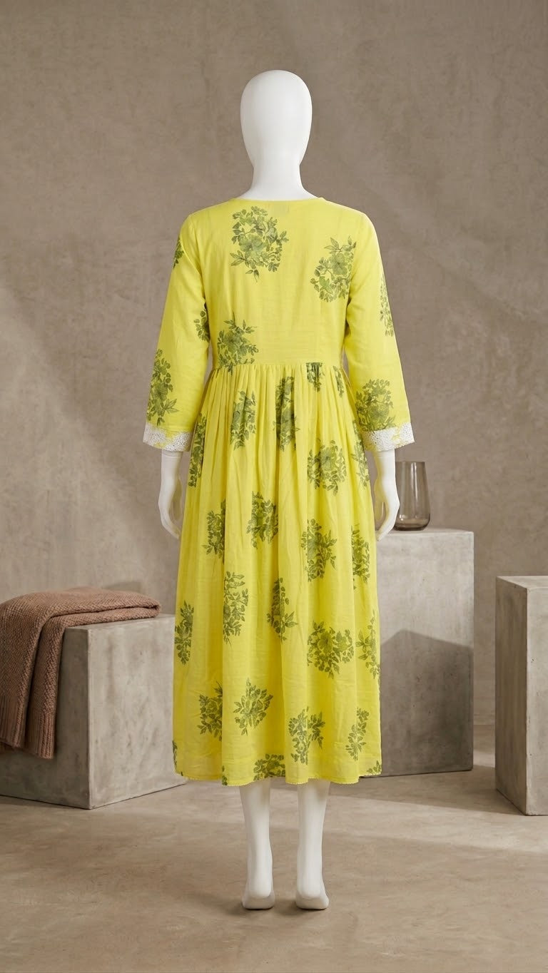 Bright Yellow & White Floral Embroidered Long Kurti / Dress