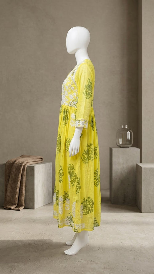 Bright Yellow & White Floral Embroidered Long Kurti / Dress