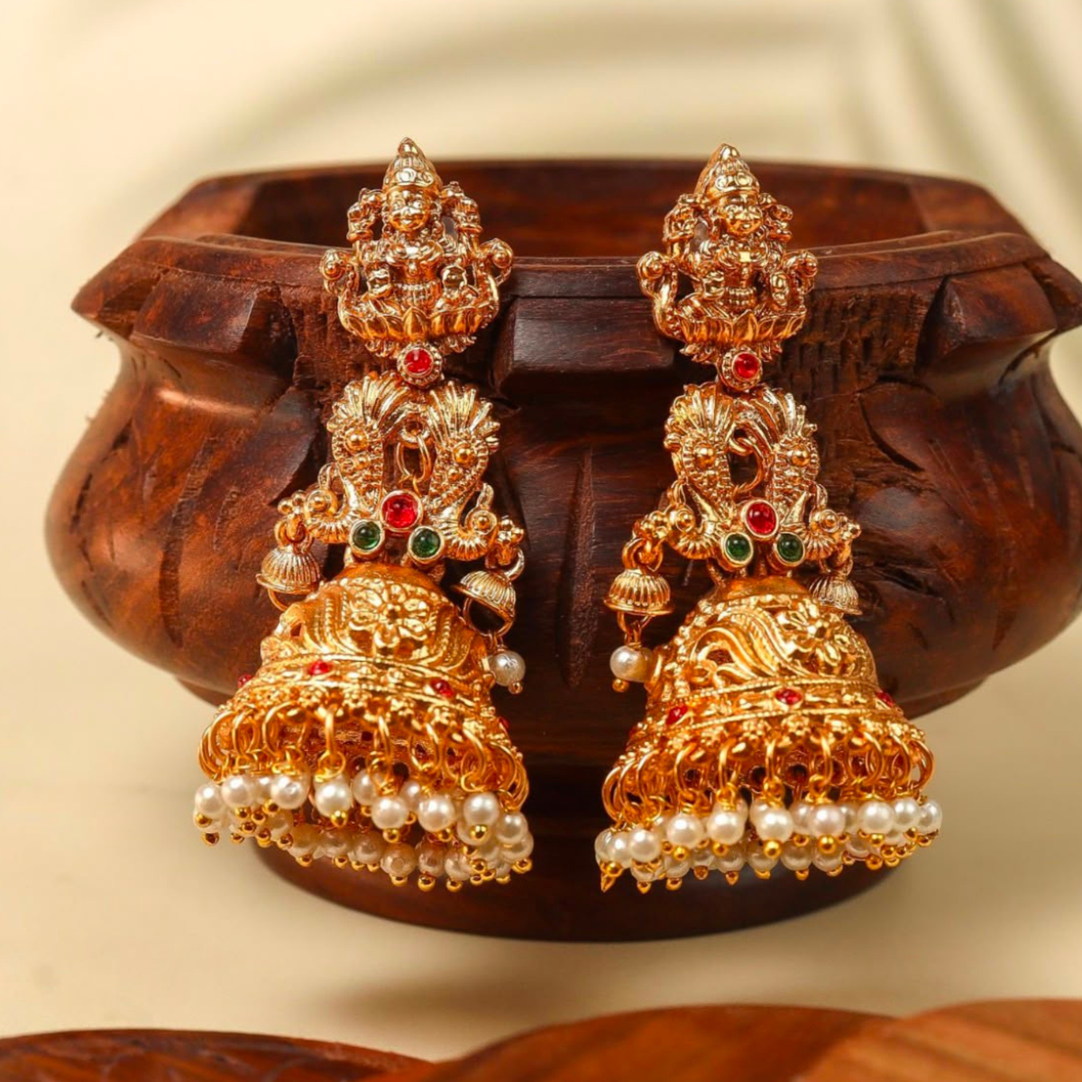 Traditional Gold Plated Lakshmi Temple Jhumka Earrings