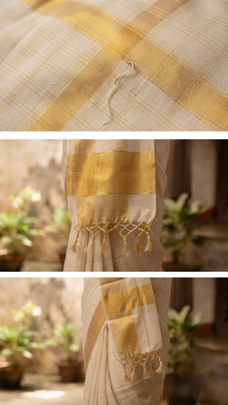 Kerala Traditional Checkered Kasavu Set Saree with Gold Zari Pallu