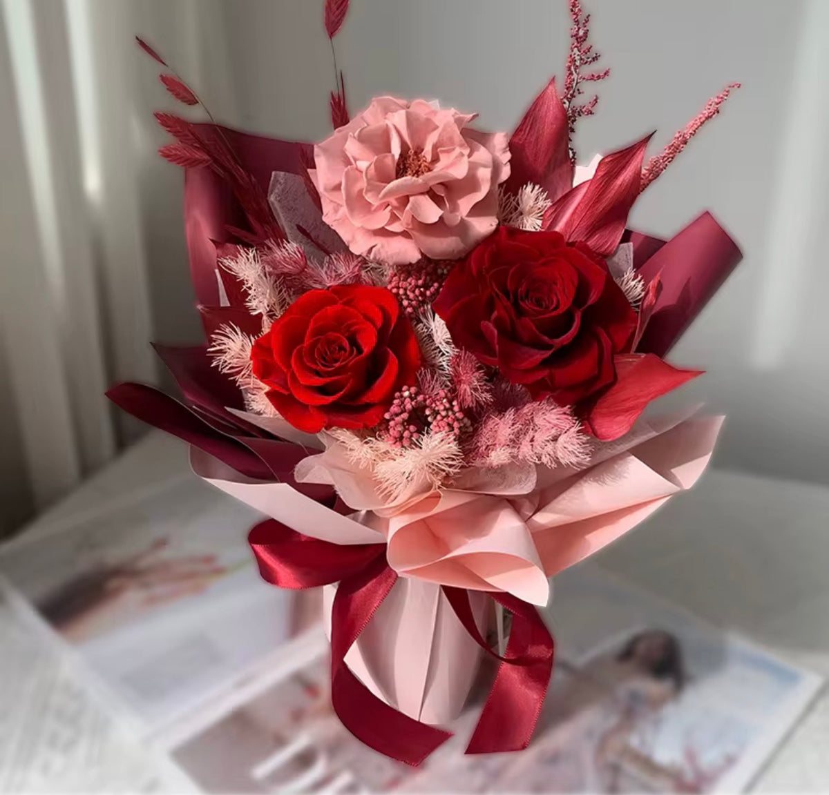 Luxury Preserved Rose Bouquet with Box -BROWN
