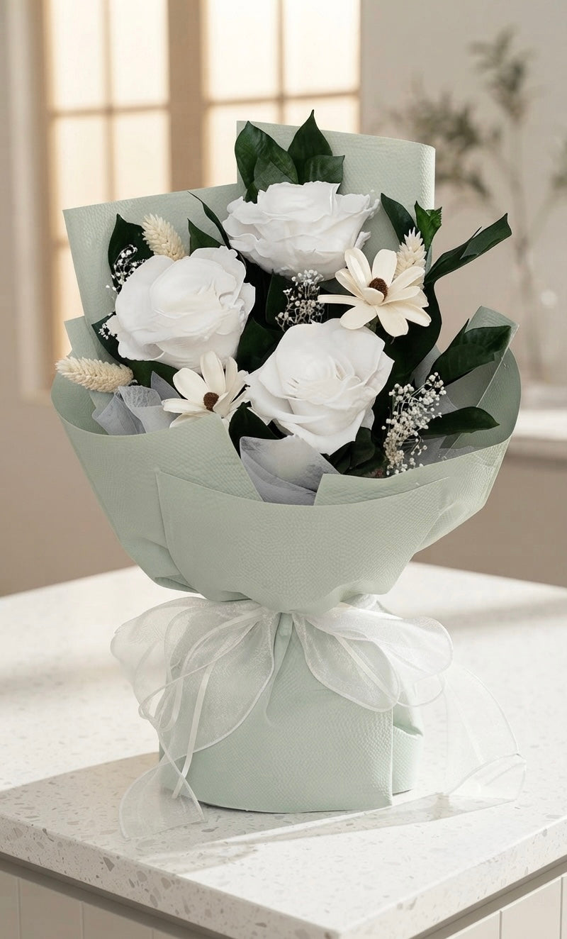 Luxury Preserved Rose Bouquet with Box –WHITE