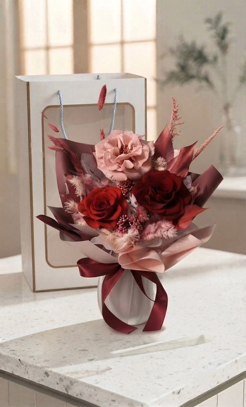Luxury Preserved Rose Bouquet with Box -BROWN