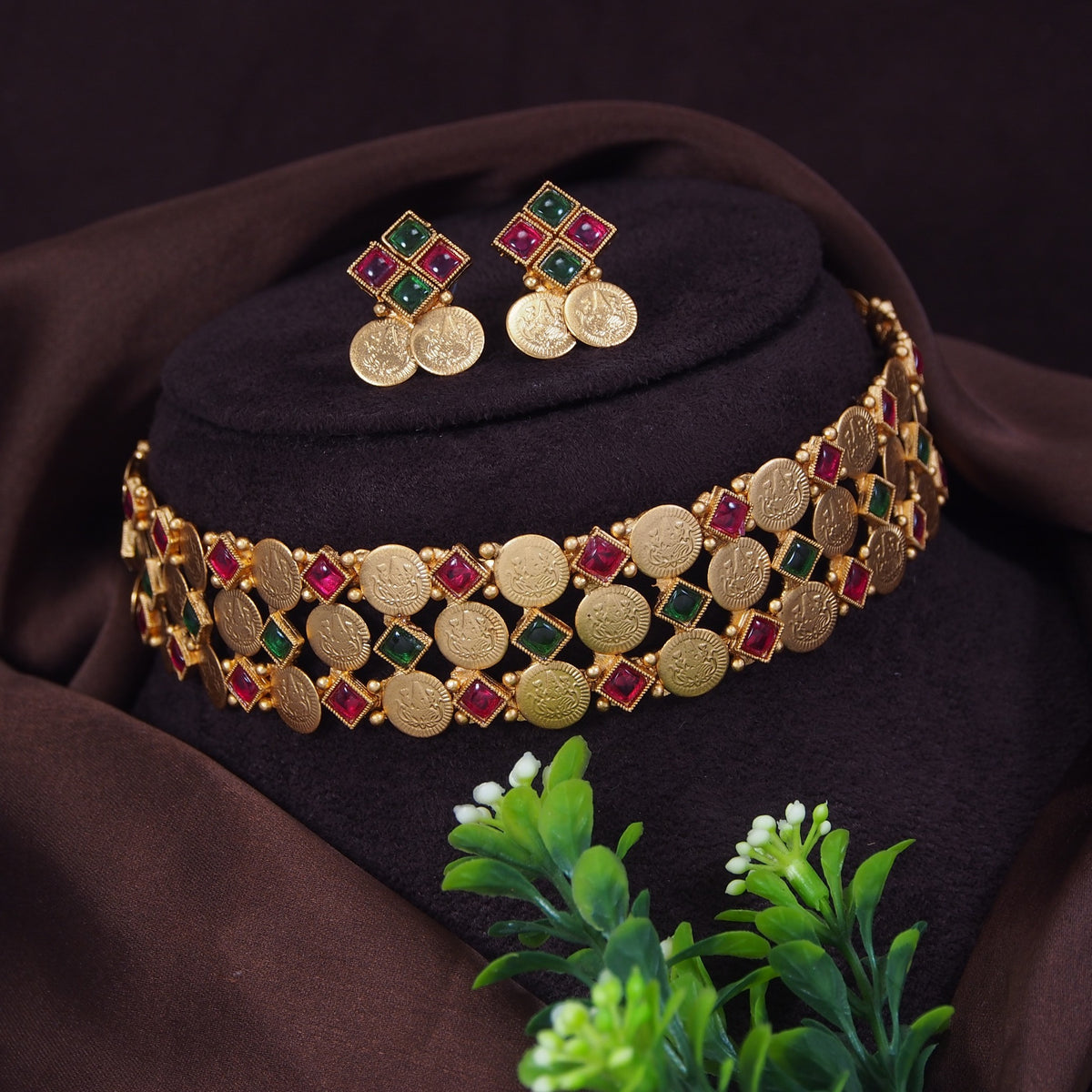 Antique Coin Ruby Stone Copper Necklace Set / GREEN & RED