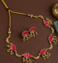 Traditional Lotus Design Temple Necklace Set with Earrings