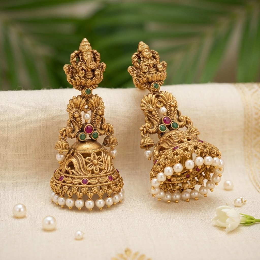 Traditional Gold Plated Lakshmi Temple Jhumka Earrings