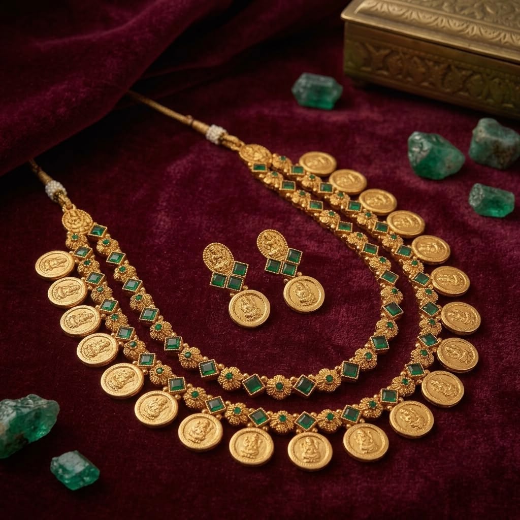 Traditional South Indian Lakshmi Kasu Mala Temple Necklace Set with Earrings