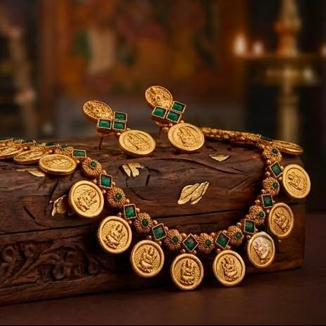 Traditional South Indian Lakshmi Kasu Mala Temple Necklace Set with Earrings