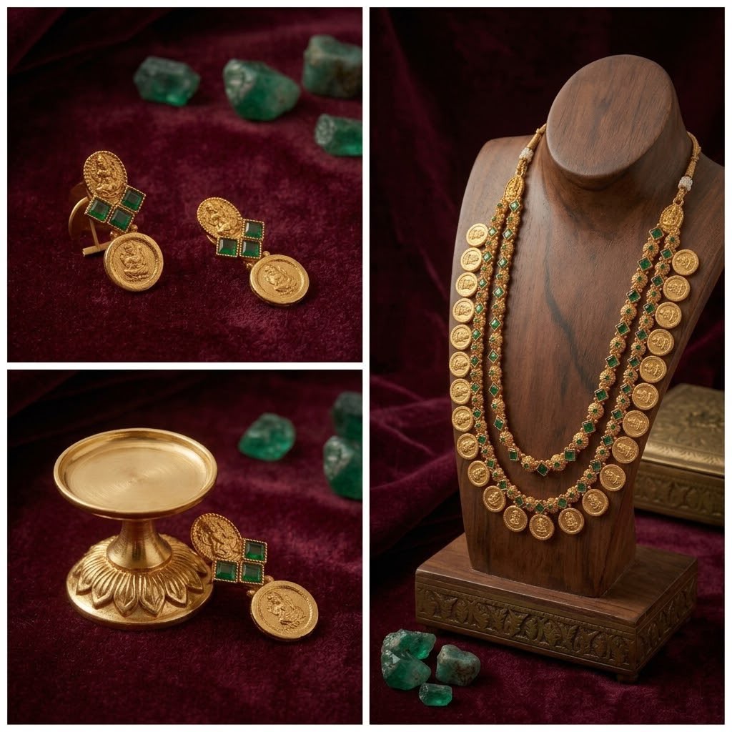Traditional South Indian Lakshmi Kasu Mala Temple Necklace Set with Earrings