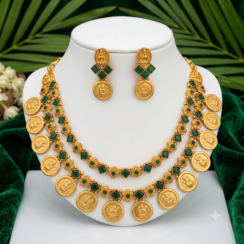Traditional South Indian Lakshmi Kasu Mala Temple Necklace Set with Earrings