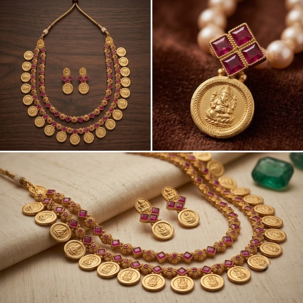 Traditional South Indian Lakshmi Kasu Mala Temple Necklace Set with Earrings