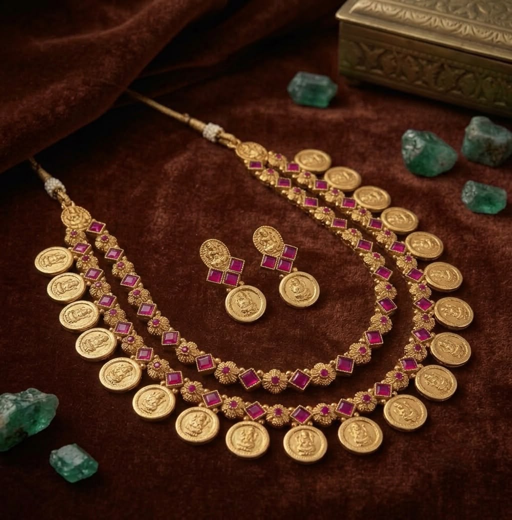 Traditional South Indian Lakshmi Kasu Mala Temple Necklace Set with Earrings