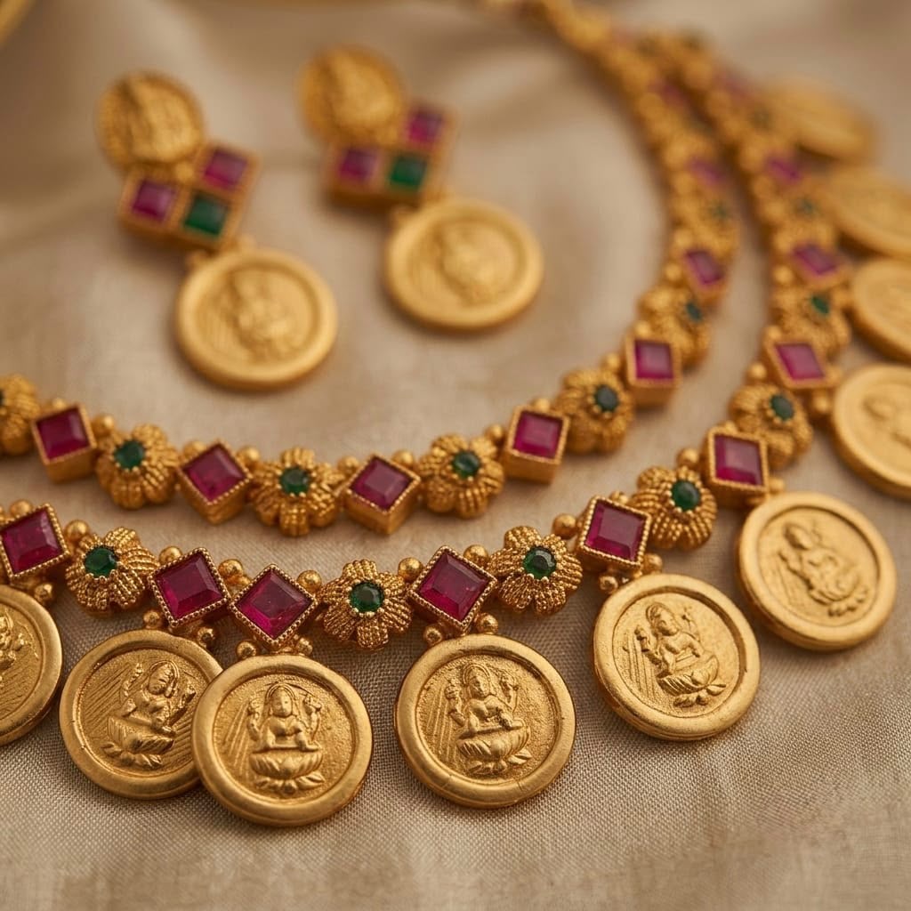Traditional South Indian Lakshmi Kasu Mala Temple Necklace Set with Earrings /GREEN & RED