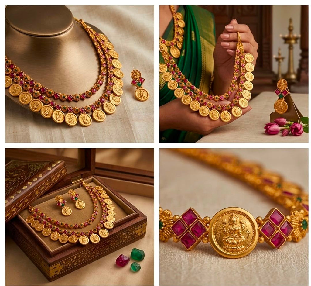 Traditional South Indian Lakshmi Kasu Mala Temple Necklace Set with Earrings /GREEN & RED