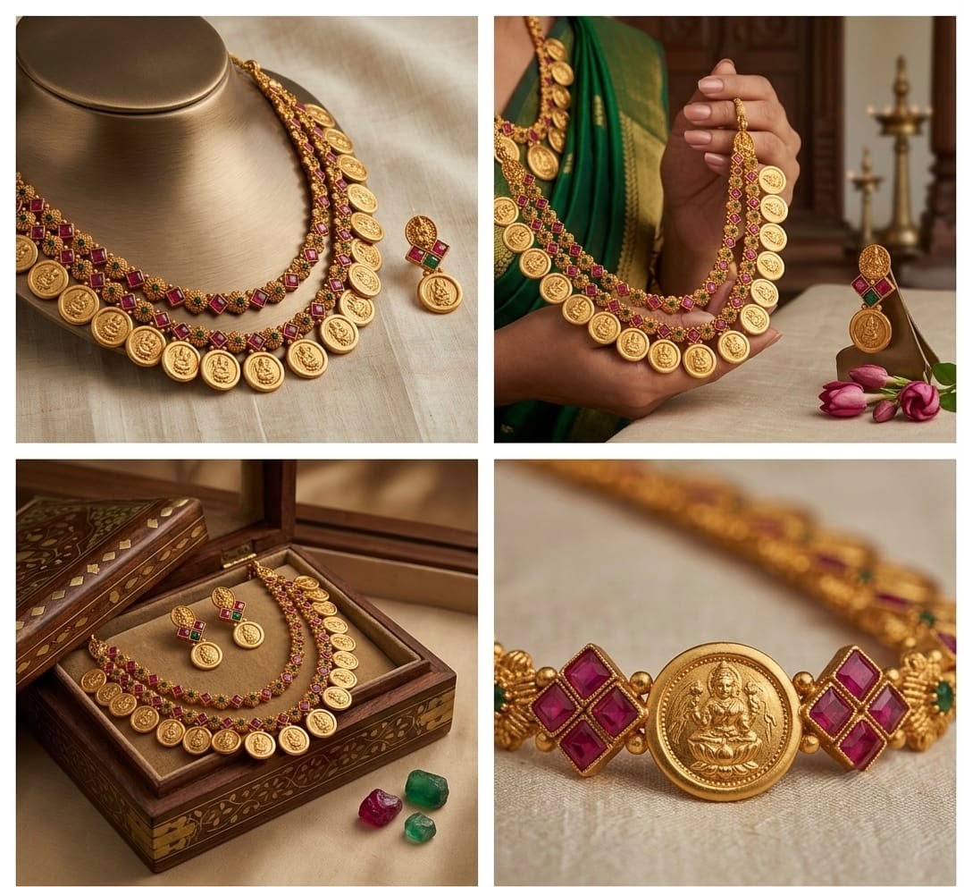 Traditional South Indian Lakshmi Kasu Mala Temple Necklace Set with Earrings /GREEN & RED