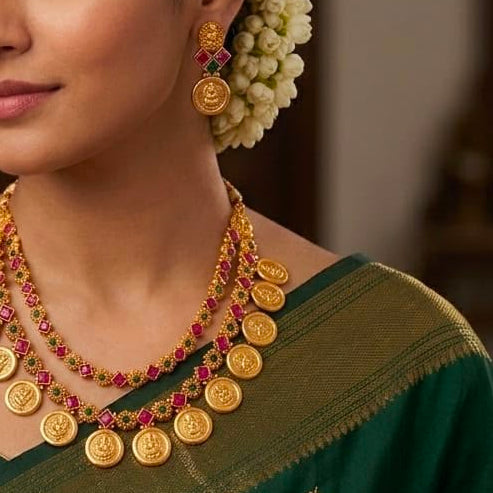 Traditional South Indian Lakshmi Kasu Mala Temple Necklace Set with Earrings /GREEN & RED