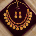 Traditional South Indian Lakshmi Kasu Mala Temple Necklace Set with Earrings /GREEN & RED