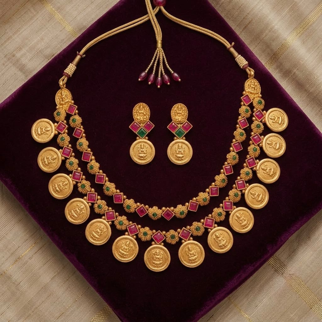 Traditional South Indian Lakshmi Kasu Mala Temple Necklace Set with Earrings /GREEN & RED