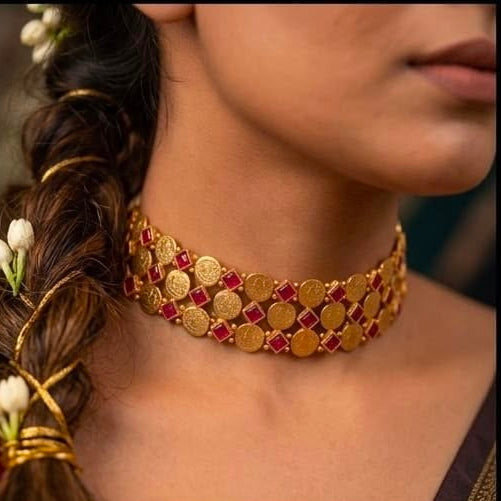 Antique Coin Ruby Stone Copper Necklace Set / RED