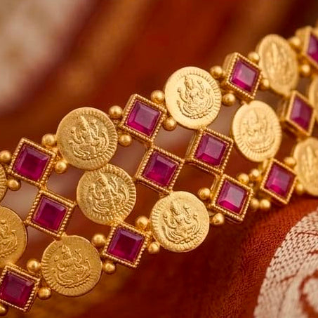 Antique Coin Ruby Stone Copper Necklace Set / RED