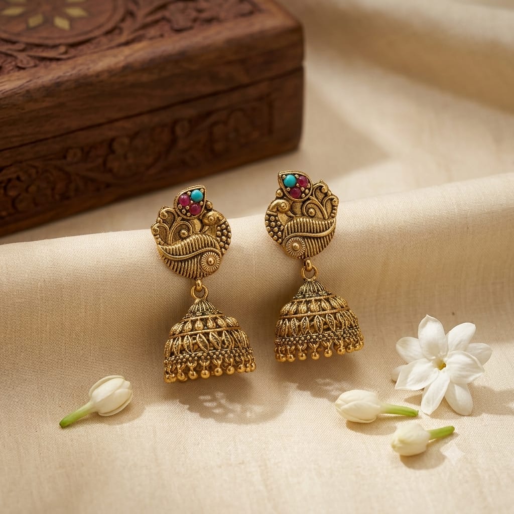 Antique Floral Kemp Ruby Jhumka Earrings