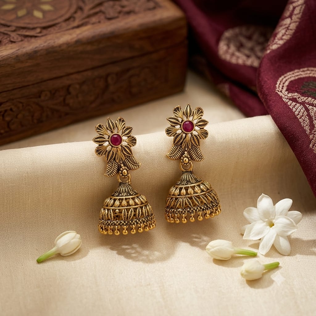 Antique Floral Kemp Ruby Jhumka Earrings