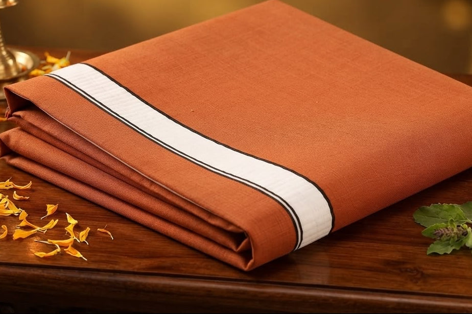 Cotton Regular Kavi Single Dhoti with White Border (KAVI MUNDU)