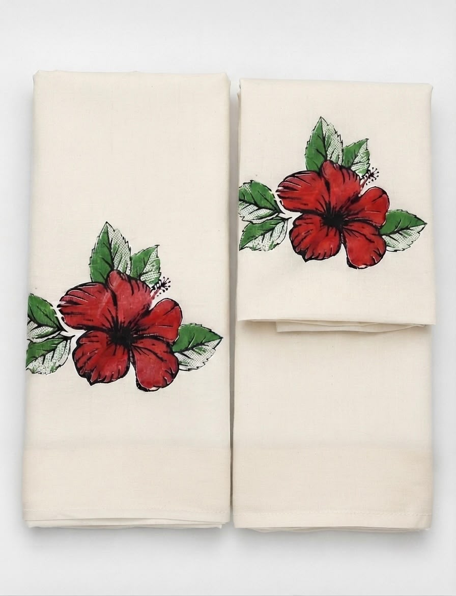 Kerala Set Mundu – Traditional Kasavu 2 Piece Set with Sacred Hibiscus