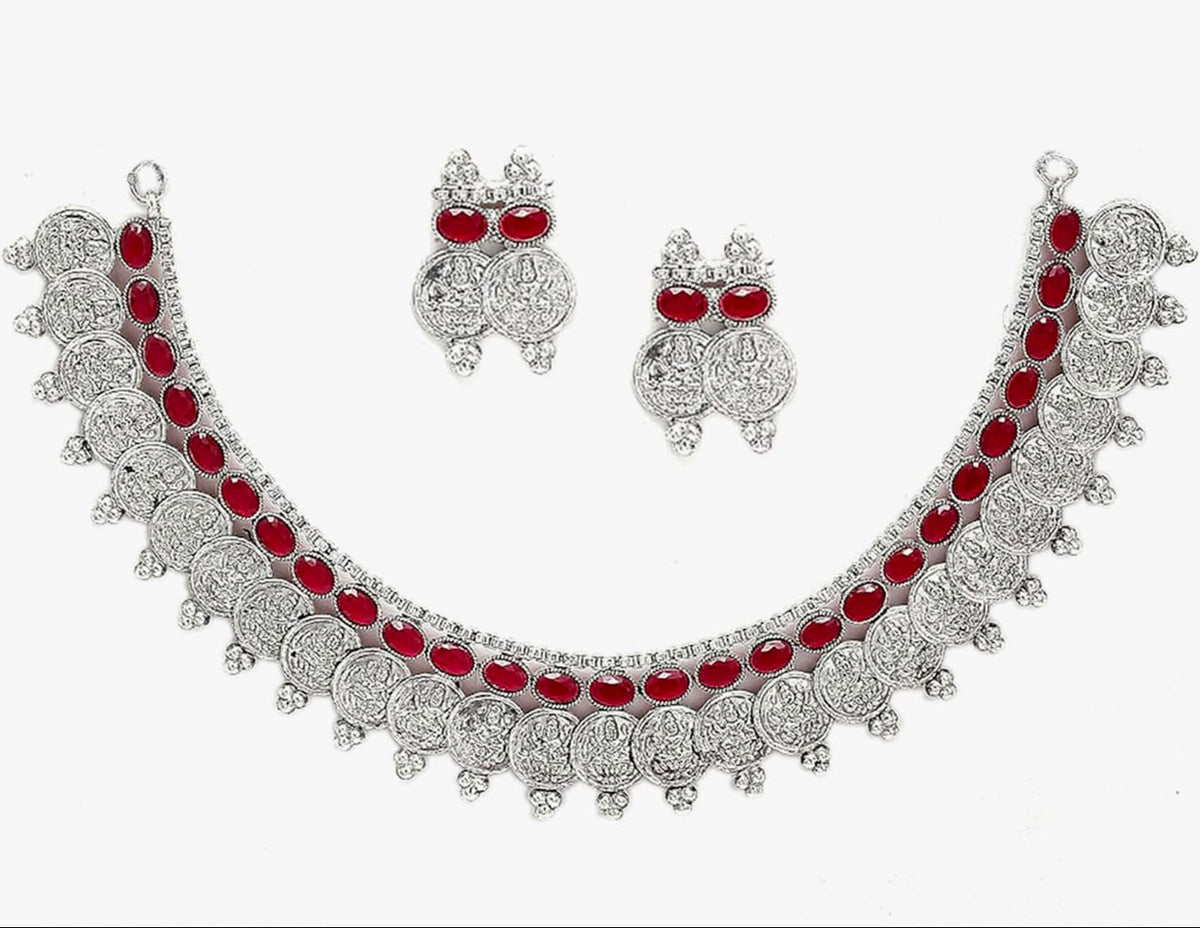 Antique Oxidised Silver Plated Traditional Temple Coin Red American Diamond Studded Necklace With Earrings