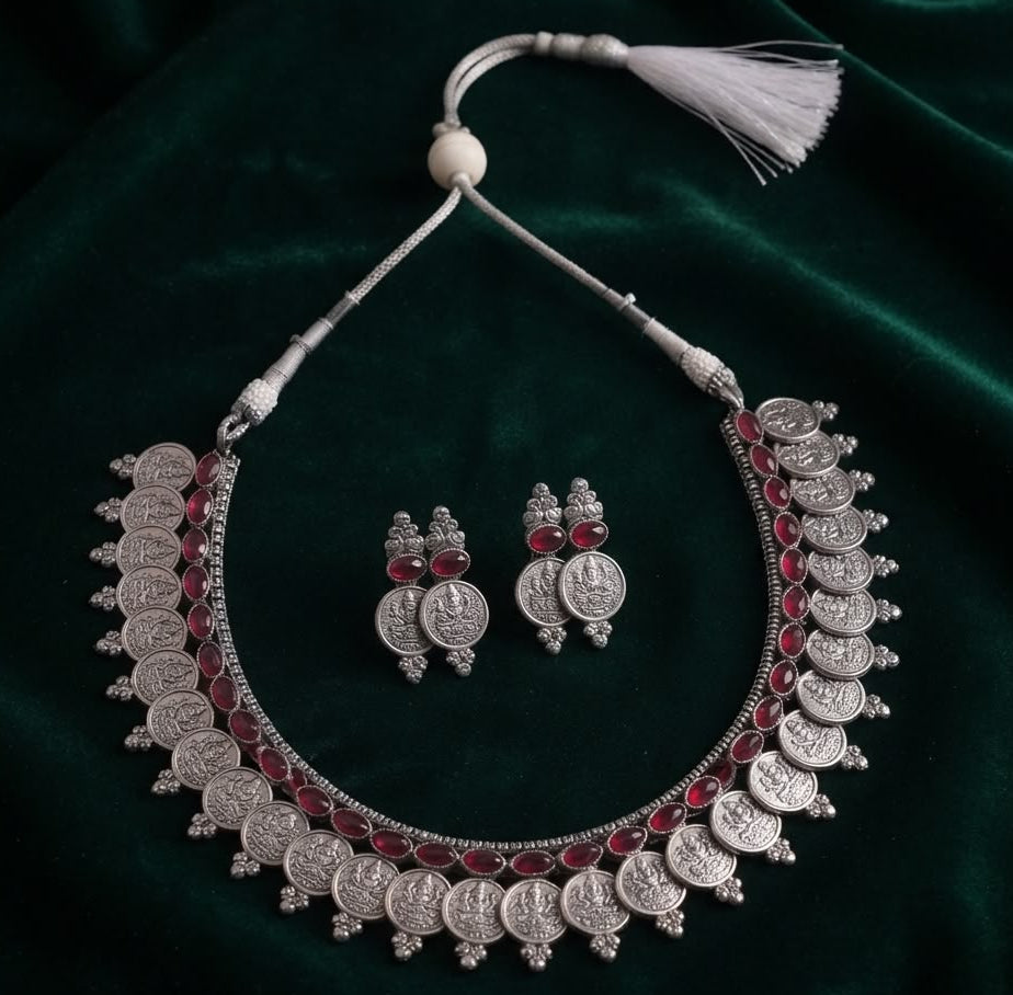 Antique Oxidised Silver Plated Traditional Temple Coin Red American Diamond Studded Necklace With Earrings