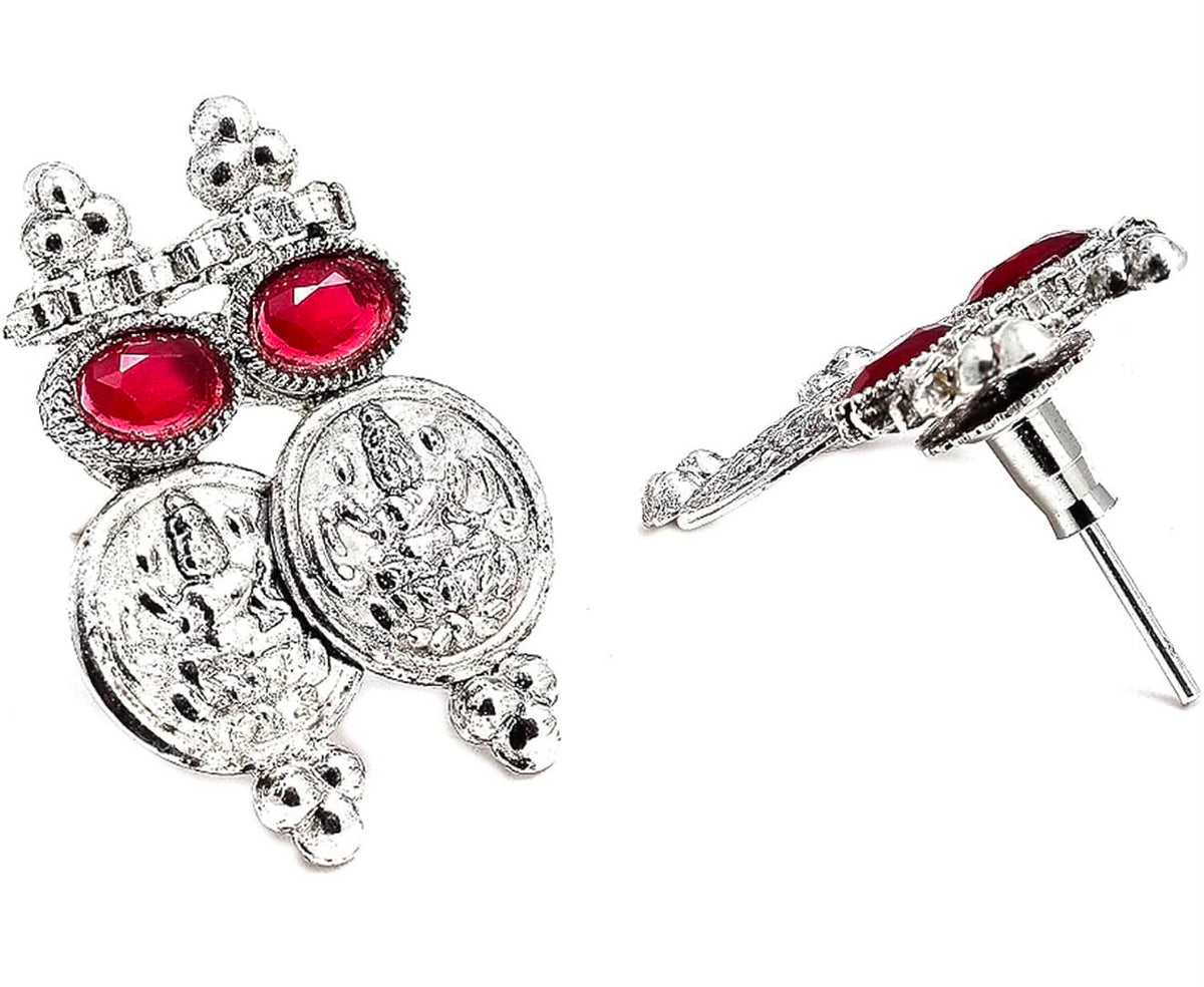 Antique Oxidised Silver Plated Traditional Temple Coin Red American Diamond Studded Necklace With Earrings
