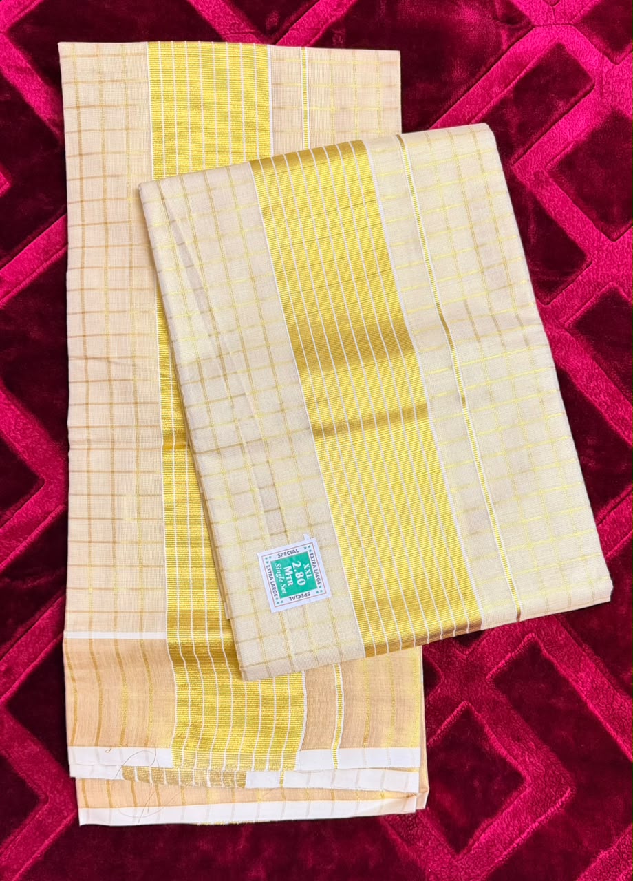 Kerala Check Set Mundu – Traditional Kasavu 2 Piece Set