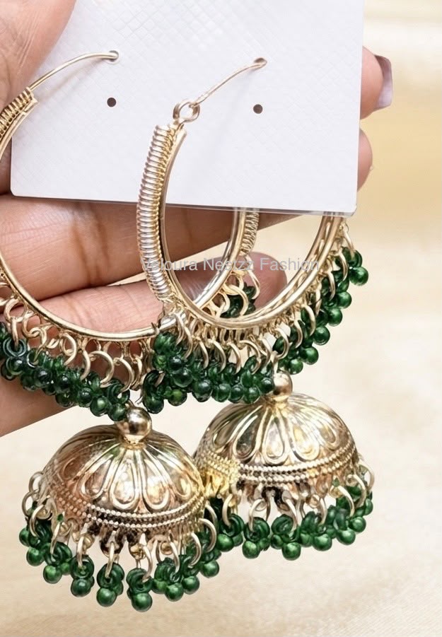 Elegant Green Bead Jhumka Hoops