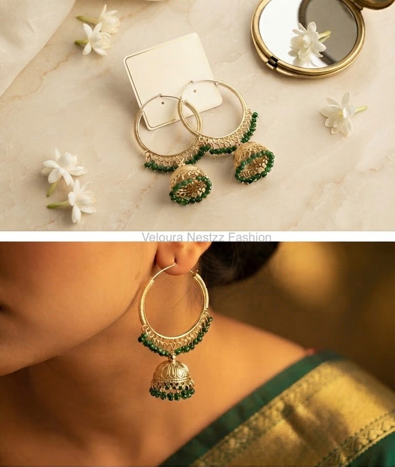 Elegant Green Bead Jhumka Hoops