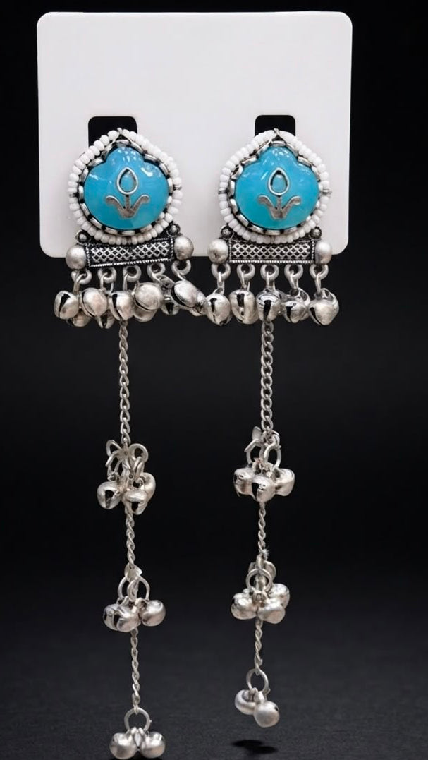 Regal Tribal Meenakari Oxidized Long Danglers with Ghungroos