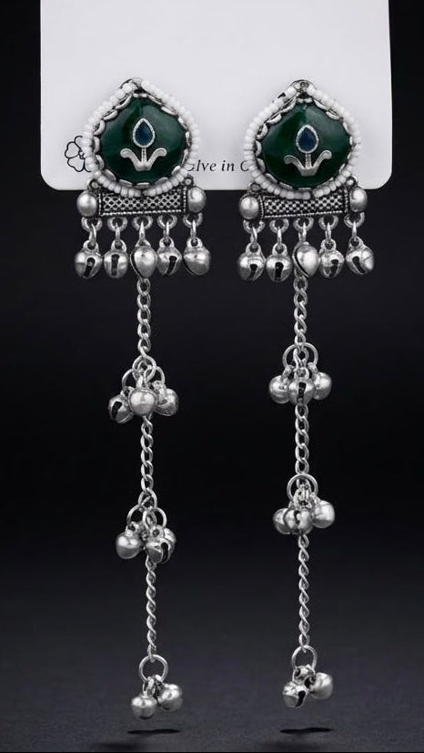 Regal Tribal Meenakari Oxidized Long Danglers with Ghungroos