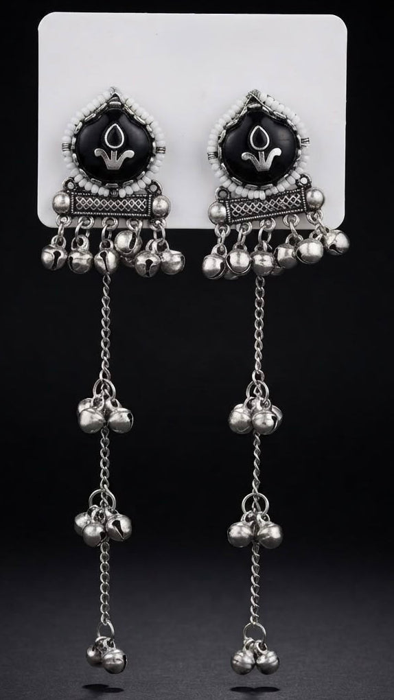 Regal Tribal Meenakari Oxidized Long Danglers with Ghungroos