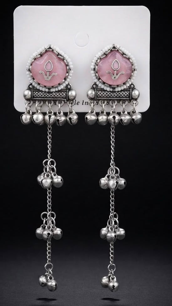 Regal Tribal Meenakari Oxidized Long Danglers with Ghungroos