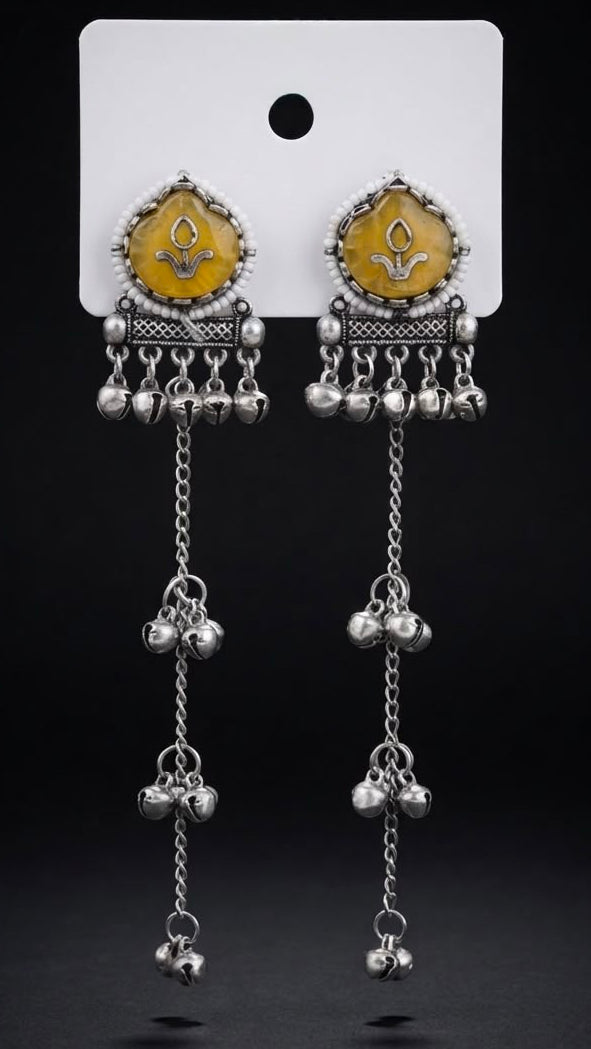 Regal Tribal Meenakari Oxidized Long Danglers with Ghungroos
