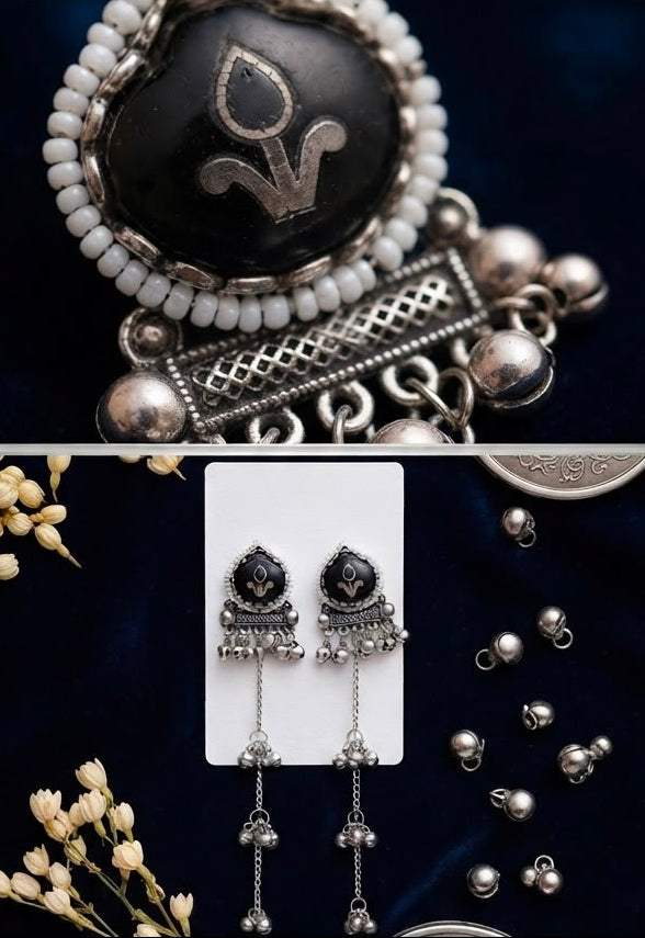 Regal Tribal Meenakari Oxidized Long Danglers with Ghungroos