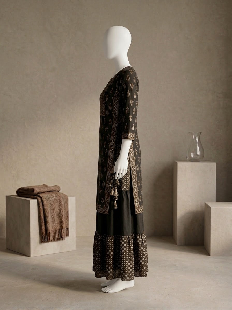 Elegant Printed Cotton Layered Kurti with Side Ties (BLACK)