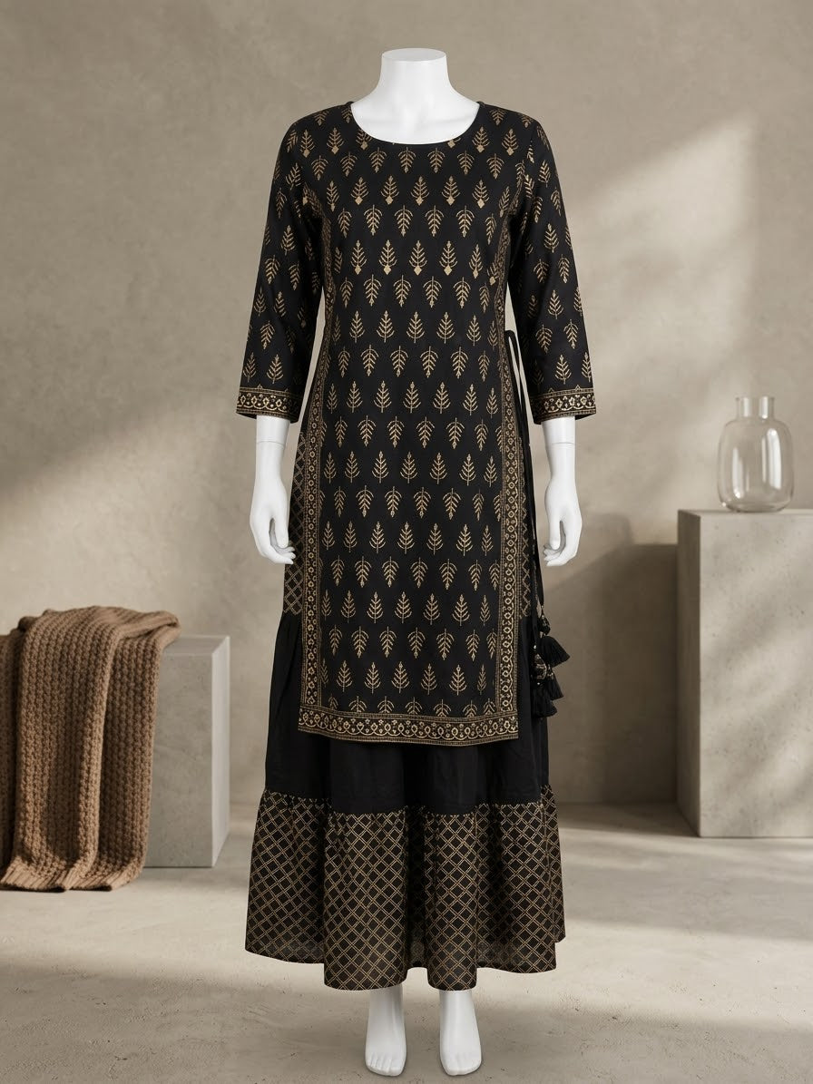 Elegant Printed Cotton Layered Kurti with Side Ties (BLACK)