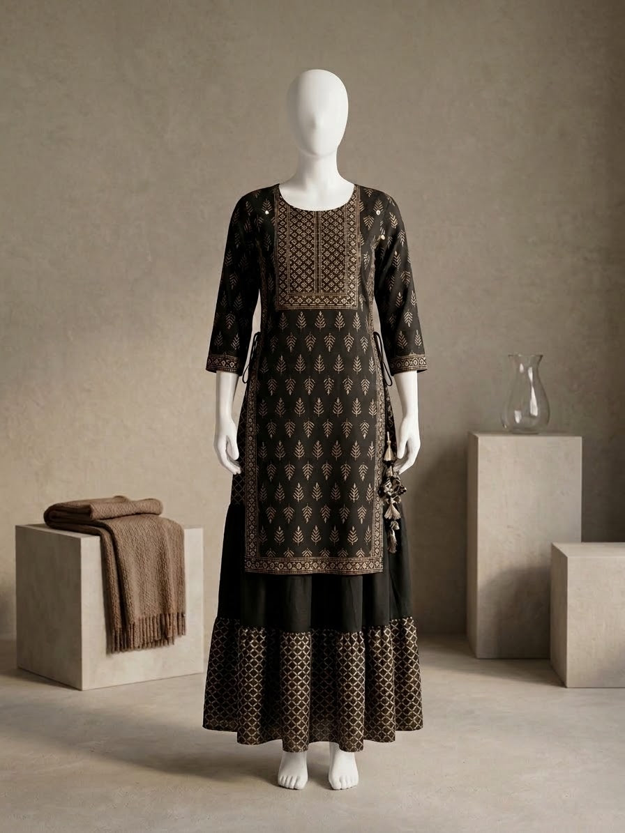 Elegant Printed Cotton Layered Kurti with Side Ties (BLACK)