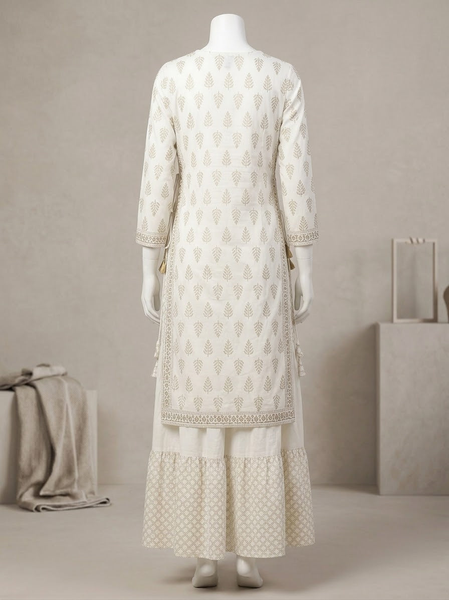 Elegant Printed Cotton Layered Kurti with Side Ties (WHITE)