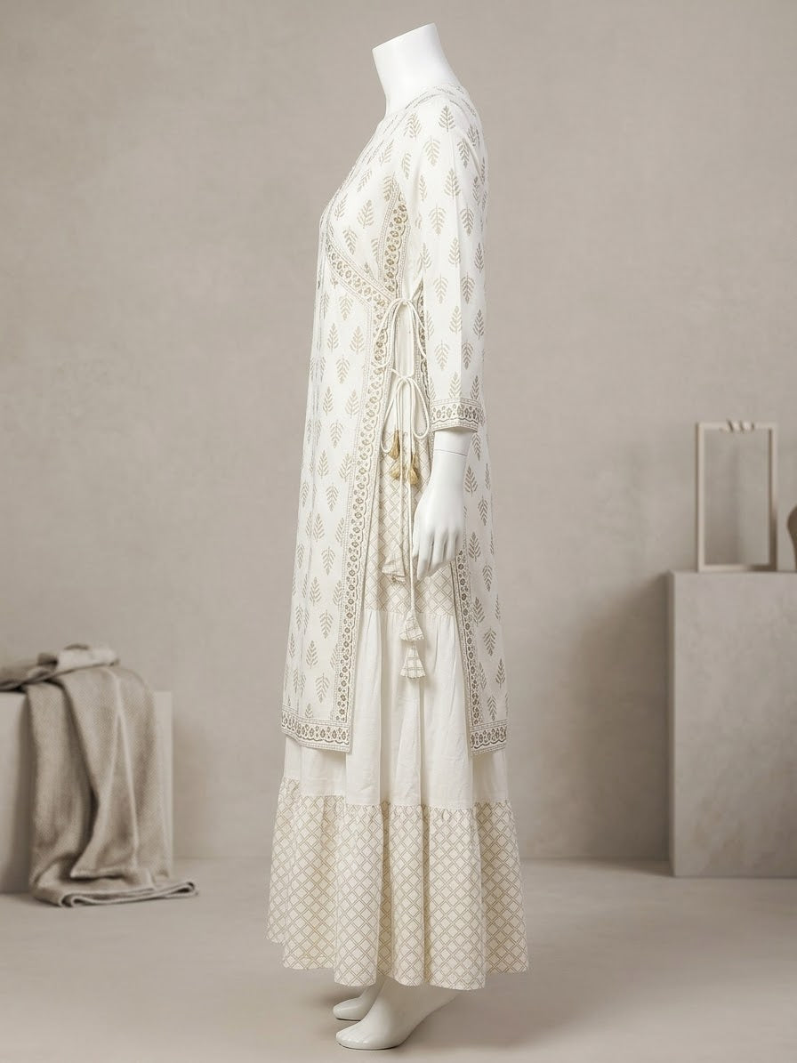 Elegant Printed Cotton Layered Kurti with Side Ties (WHITE)