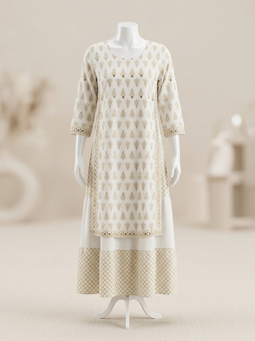 Elegant Printed Cotton Layered Kurti with Side Ties (WHITE)