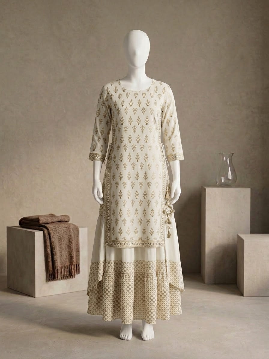 Elegant Printed Cotton Layered Kurti with Side Ties (WHITE)