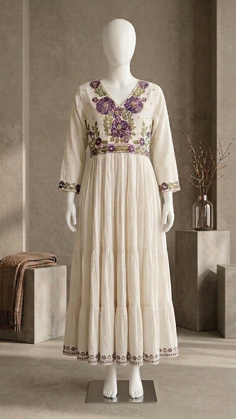 Elegant Floral Embroidered Tiered Kurti